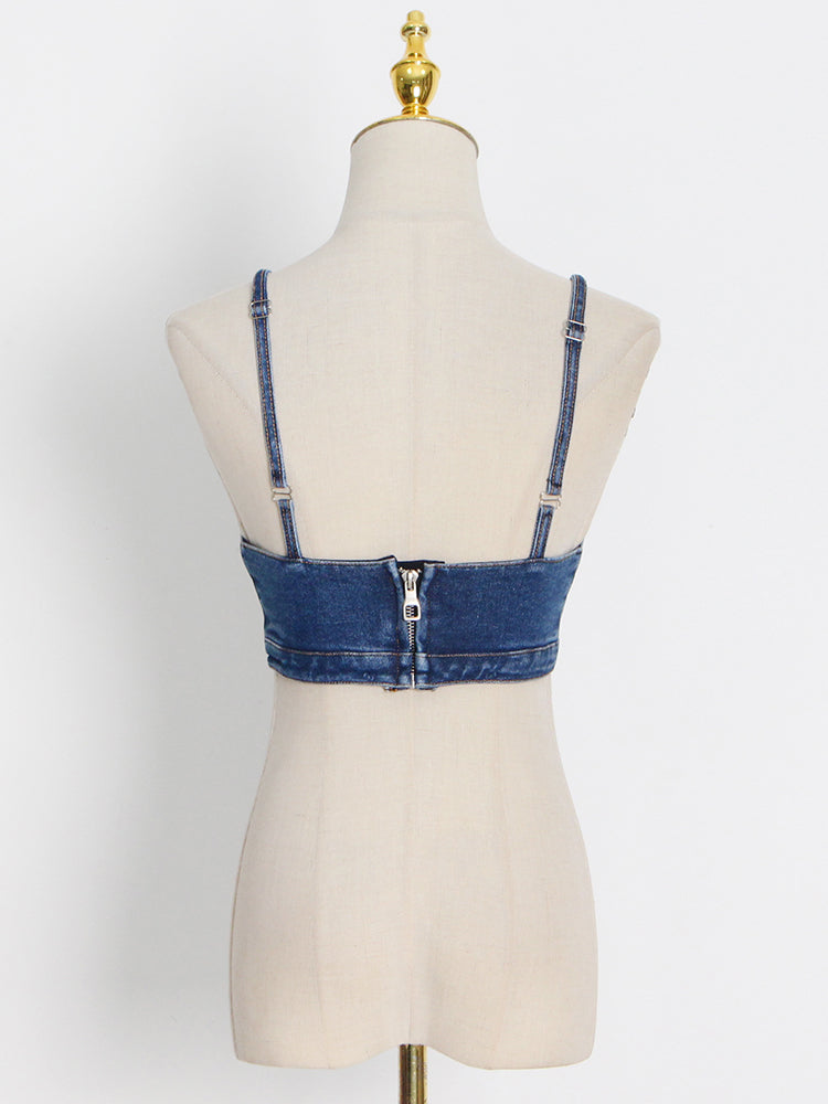 Fashion Sexy Washing Short Wrap Chest Strap Denim Vest Women