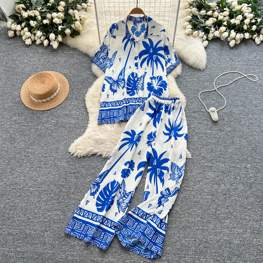 Bohemian-style Printed Short-sleeve Polo-collar Shirt And Wide-leg Pants Set