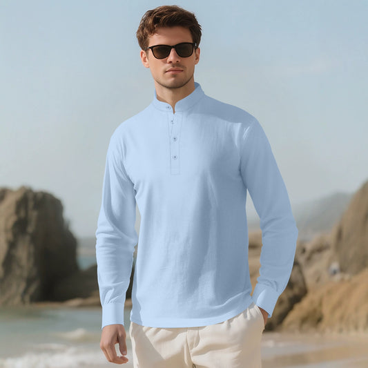Men's Loose Linen Solid Color Long Sleeve Stand Collar Shirt