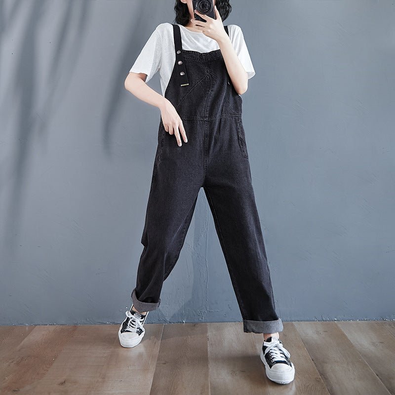Oversized Loose Pocket Casual Denim One Piece Bib Trousers