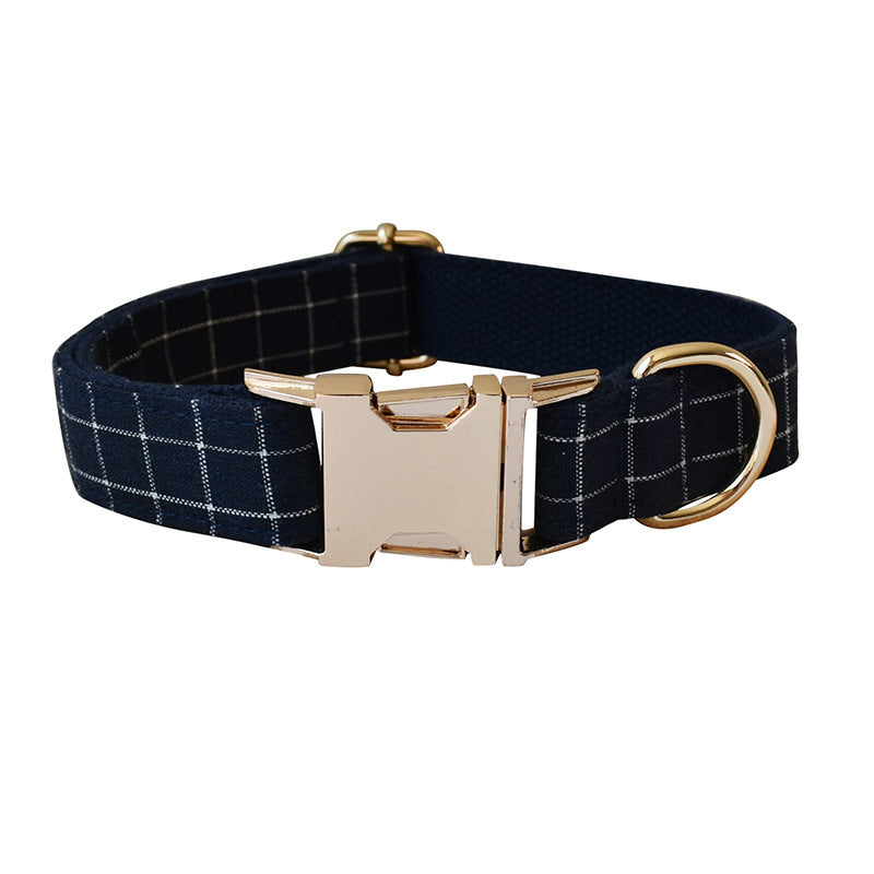 Navy Blue Plaid Gold Button Dog Collar Alloy Buckle