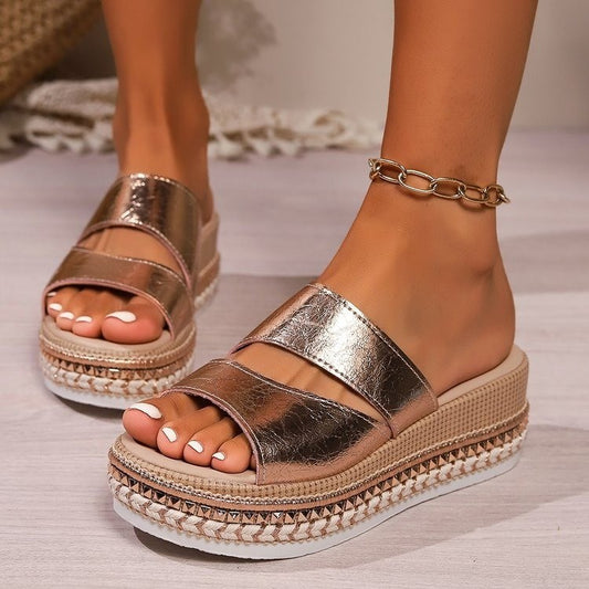 Platform Slippers Rivet Golden Hollow Sandals