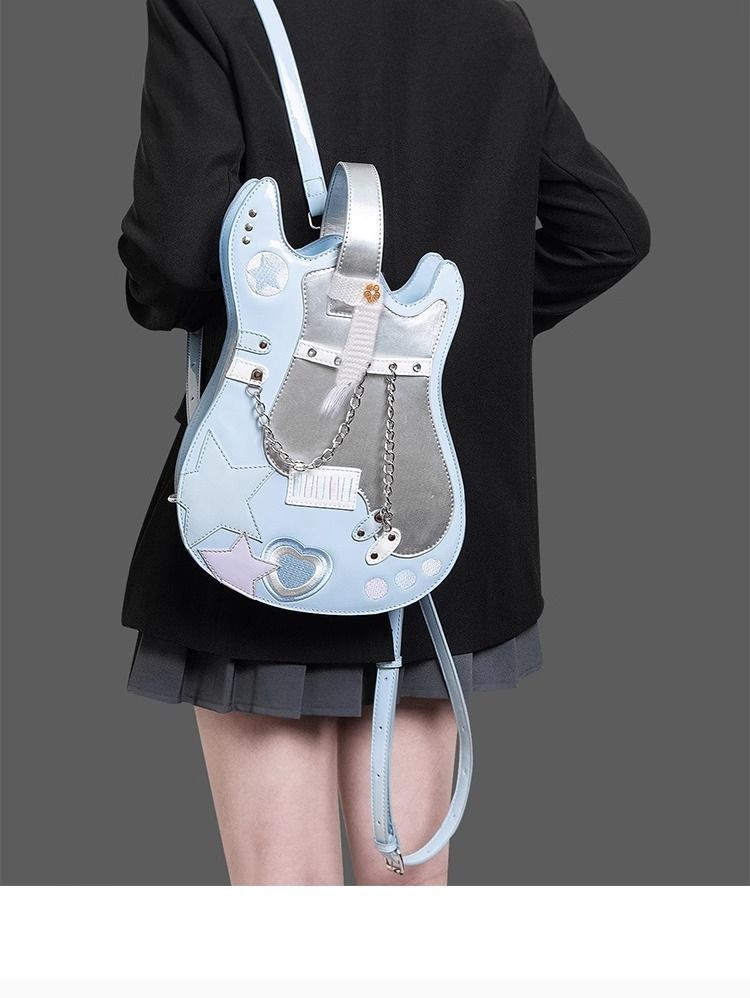 Kreativ Kontrastfarvet Sød Tørklæde To Skuldre Crossbody Guitar Rygsæk Sød