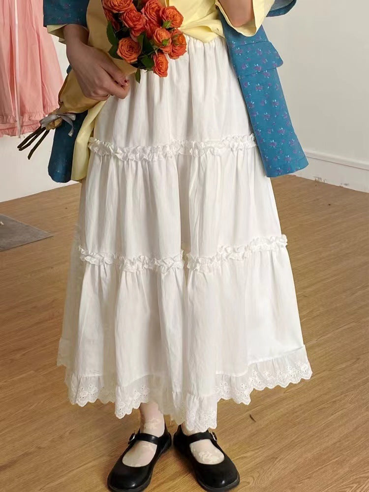 Spring White Lace Trim Tiered Skirt
