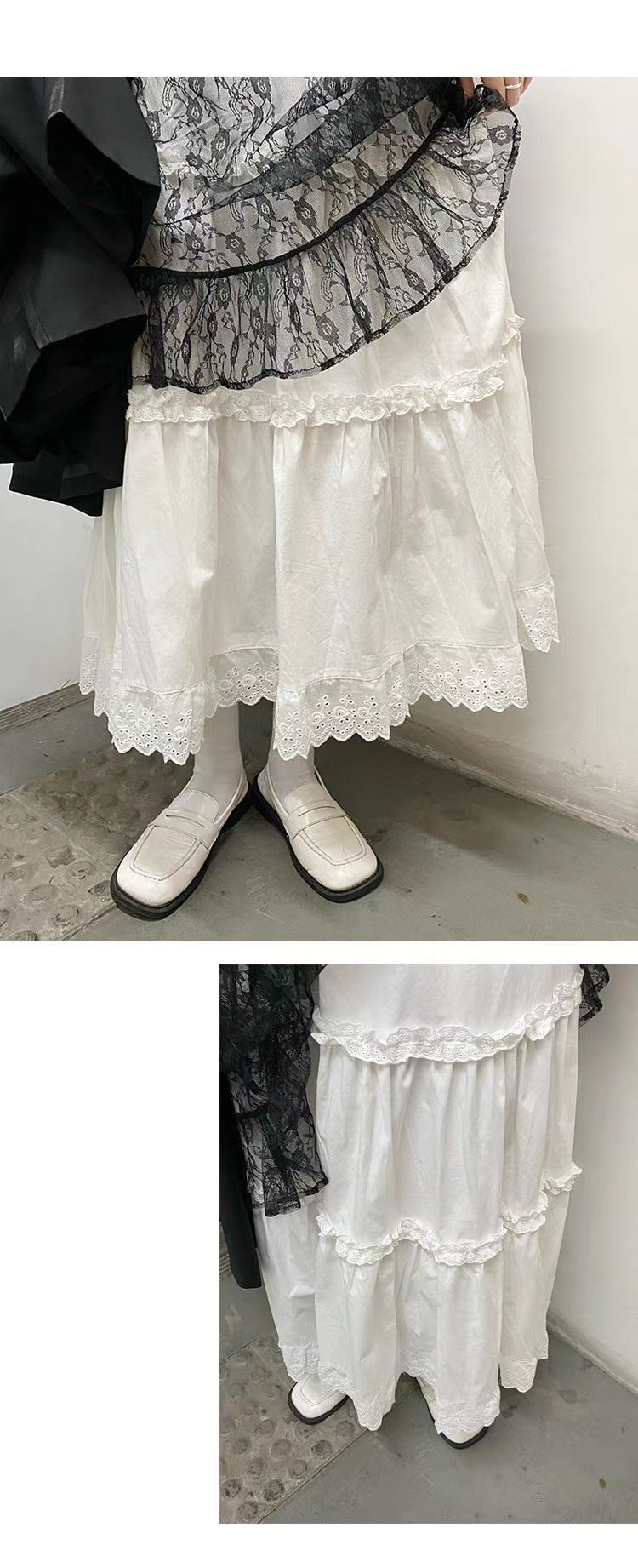 Spring White Lace Trim Tiered Skirt