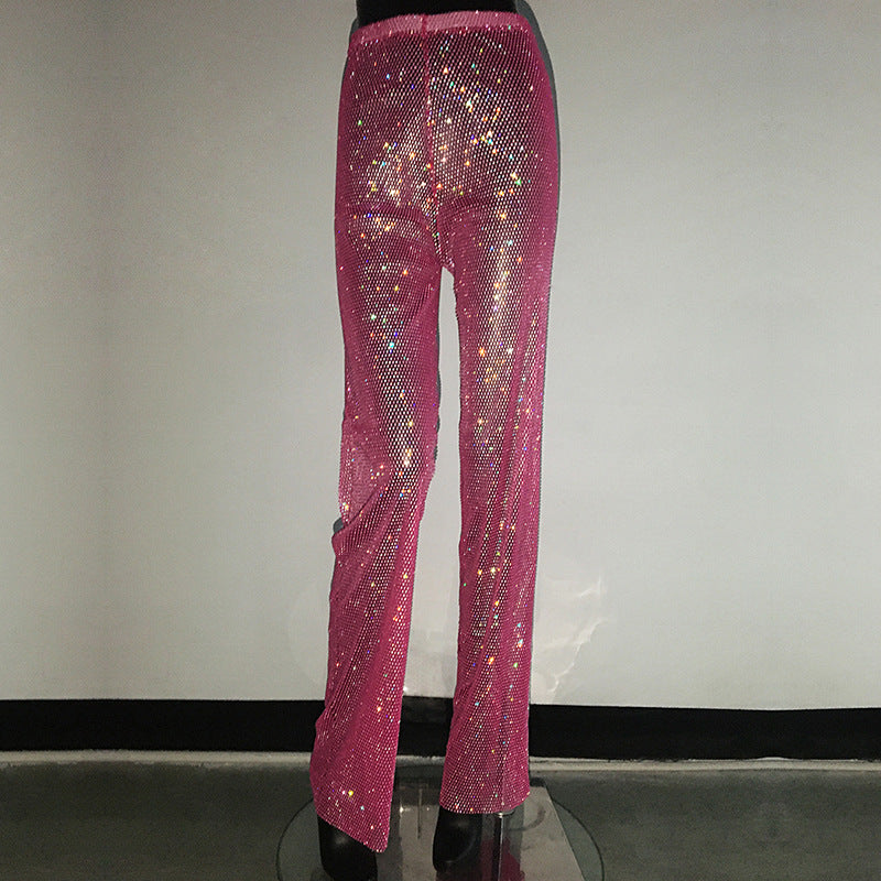 Women's Fashion Straight Rhinestone Fishnet Casual Wide-leg Pants