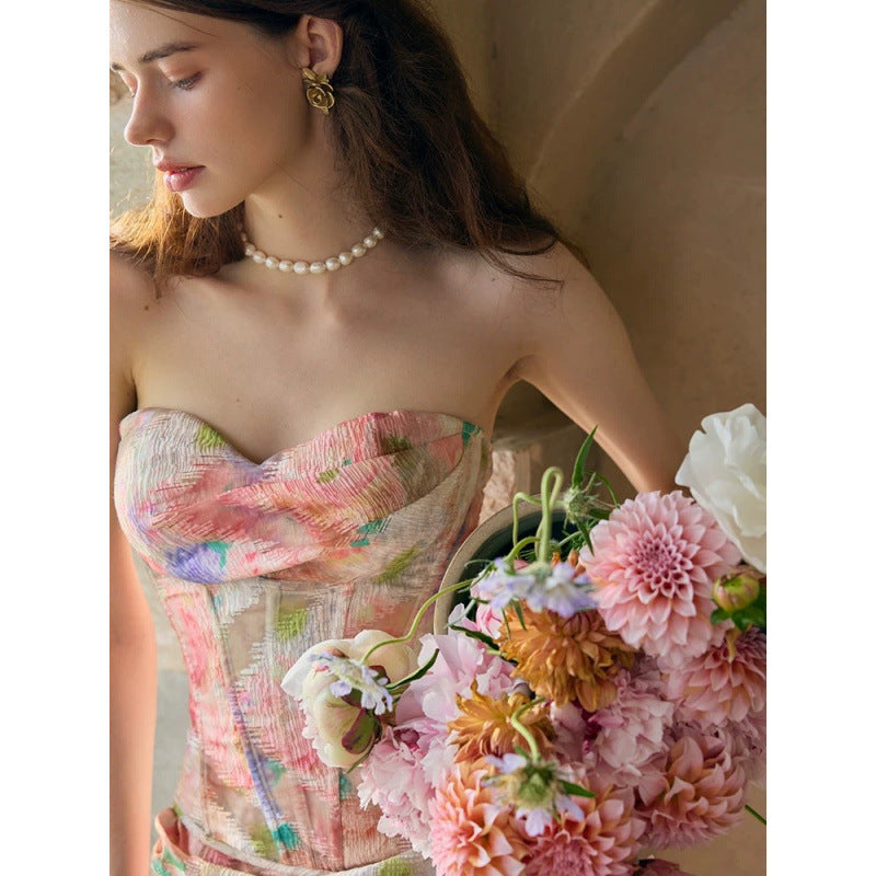 Romantic Oil-Painting Style Lace Figure-Lifting Fishbone Corset And Skirt Set For Summer