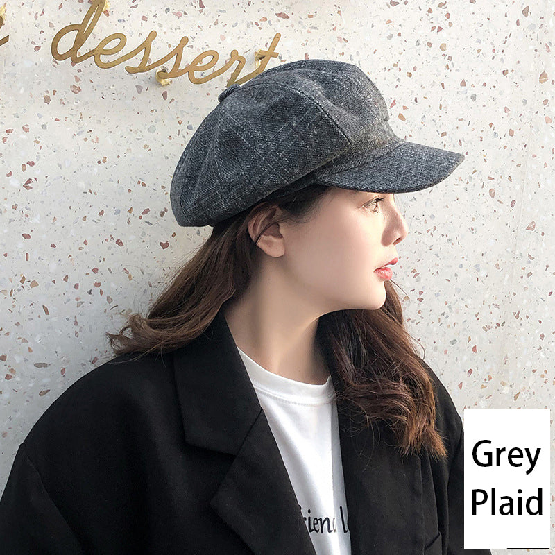 Retro Literary Octagonal Hat Plaid Beret
