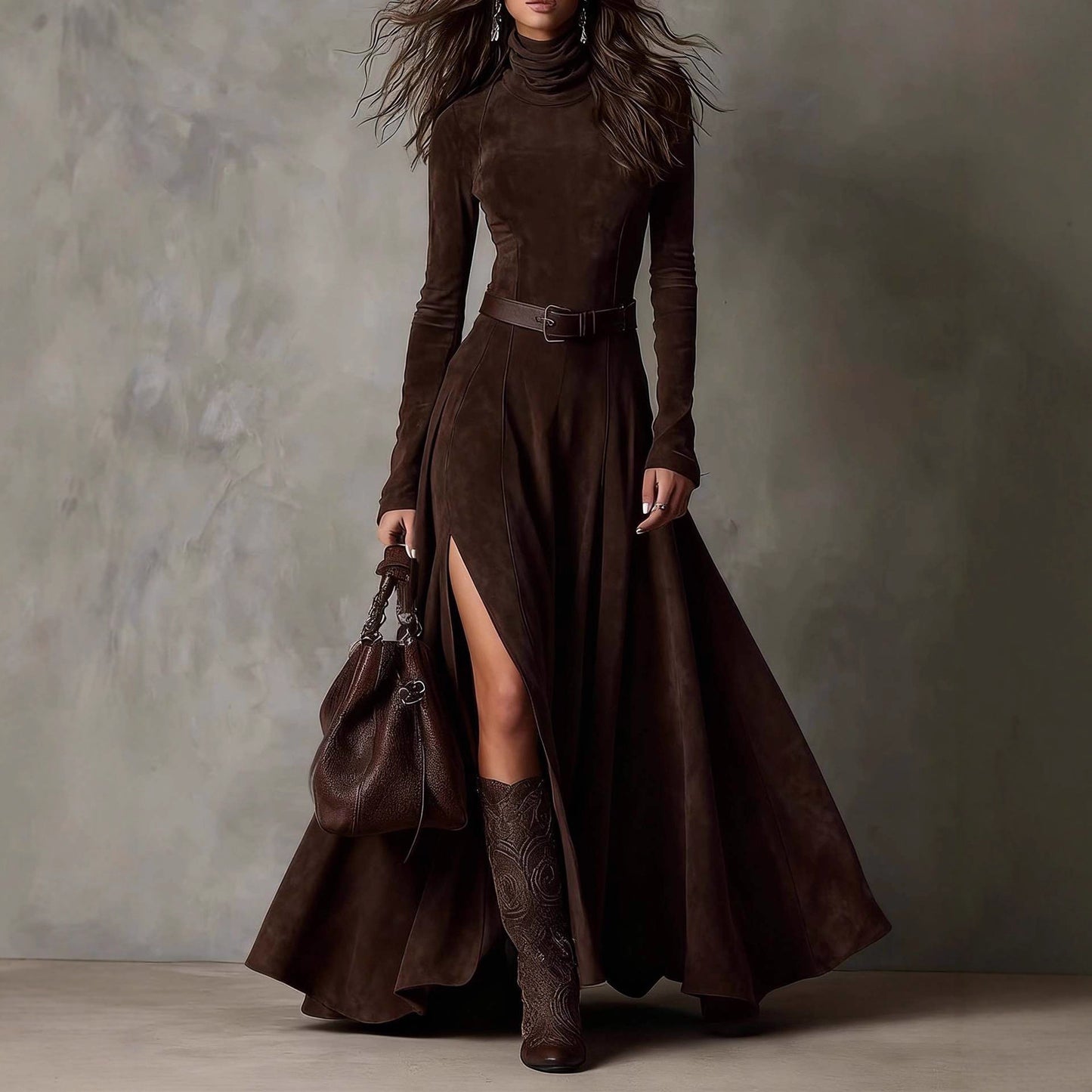 Long Stylish Dress With A BeltEuropean And American Fashion