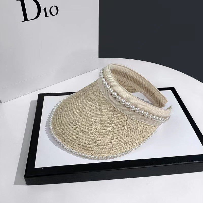 Empty Top Sunshade Pearl Straw Hat Women Lace
