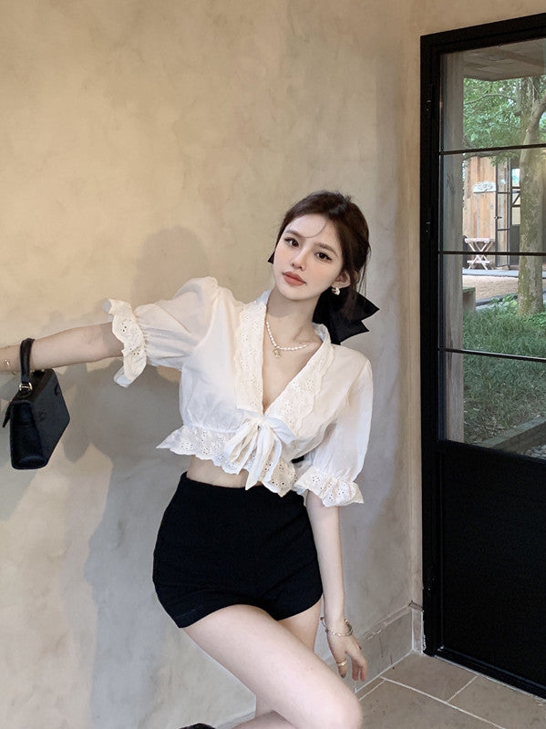 Women's French V Neck Ruffle Short Sleeve Shirt