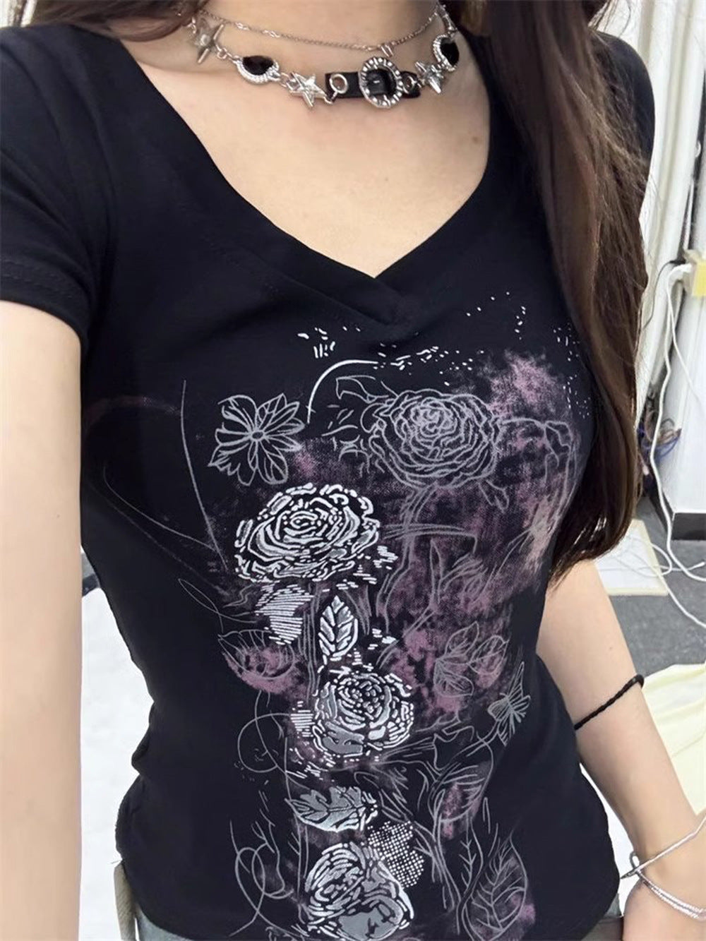 Elegant Retro Black Printed T-Shirt For Women