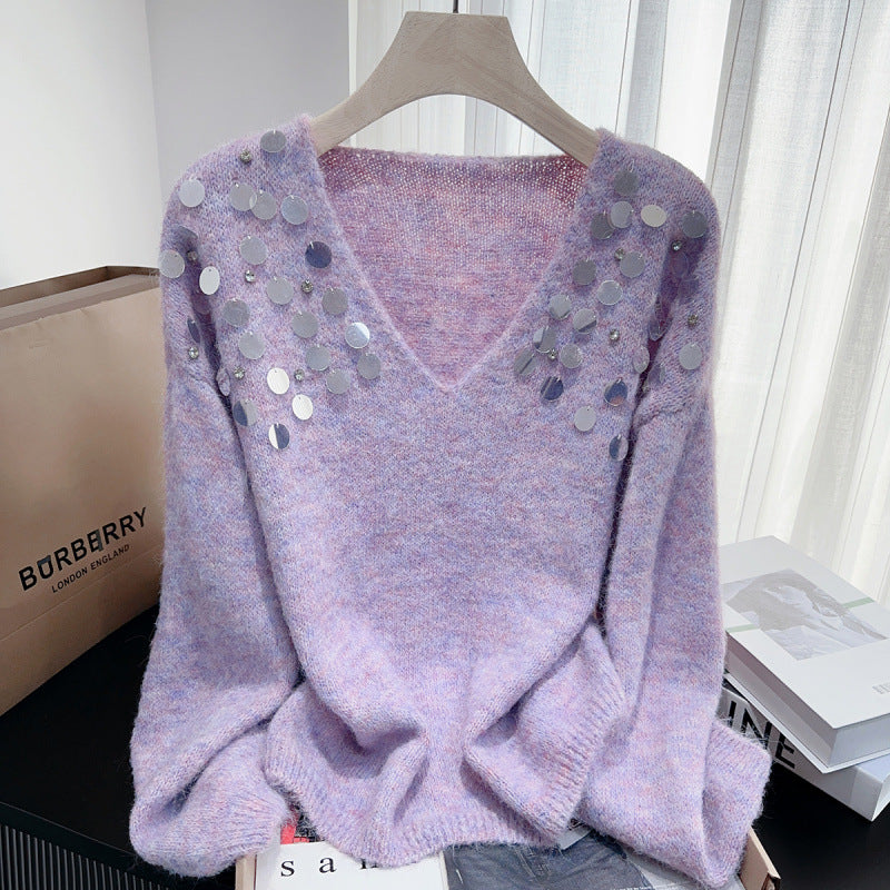 Chunky broderi pailletter diamant V-hals pullover hyggelig sweater