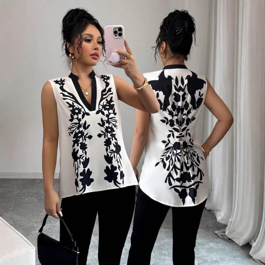 Womens Sleeveless Top With A V-neck And A Stylish Printed Design