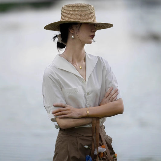 French Chic Design Niche Top Short Sleeve V-neck White Shirt