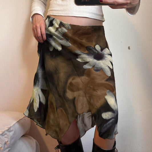 Amerikansk Retro Blomstret Printet Mesh Lappet Asymmetrisk Nederdel