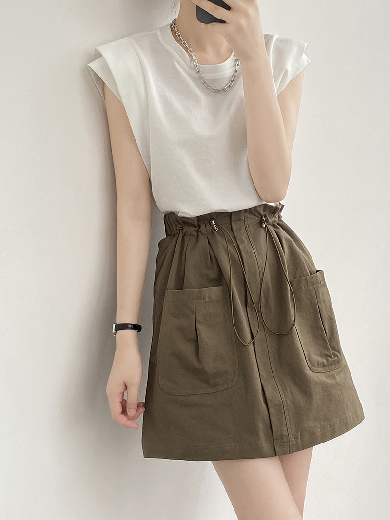 Drawstring Elastic Waist Skirt Large Workwear With Pocket Skirt