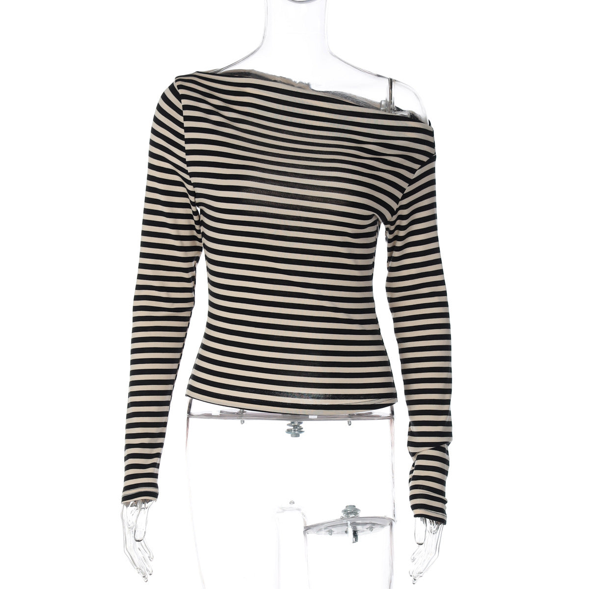 Contrast Color Striped Diagonal Collar Long Sleeve T-shirt