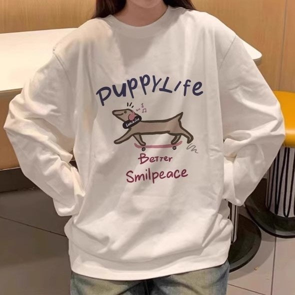 White Long Sleeve T-shirt Women's New Slim Fit Slimming Korean Style Wear Unique Beautiful Girl Age-reducing Cotton Drawstring Top