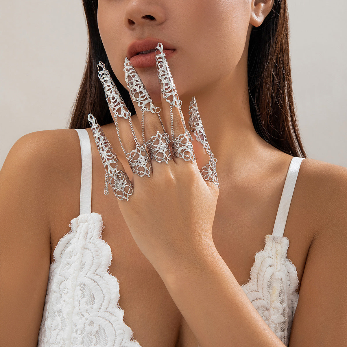 Ornament Gothic Style Hollow Tapered Fingernail Cap Ring Niche Metal Tassel Ring