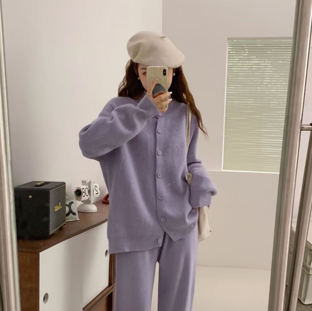 Knitting Suit Women's Half Turtleneck Single-breasted Coat High Waist Wide Leg Pants Fashion