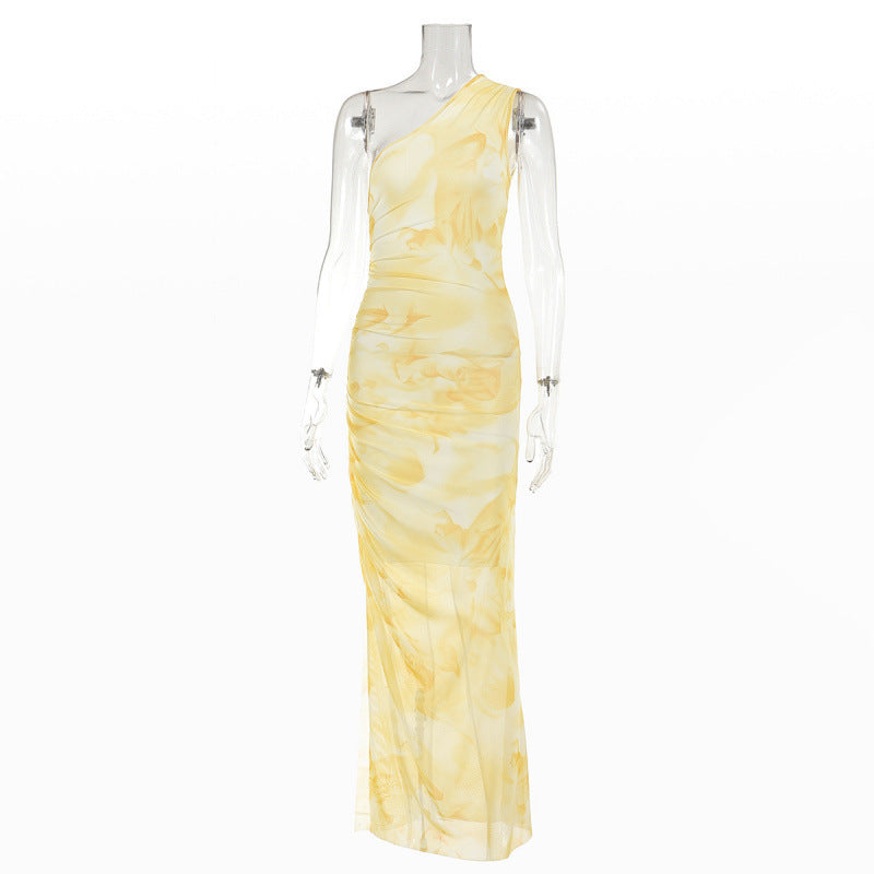 Mesh-printed Pleated Slim-fit Midi Dress