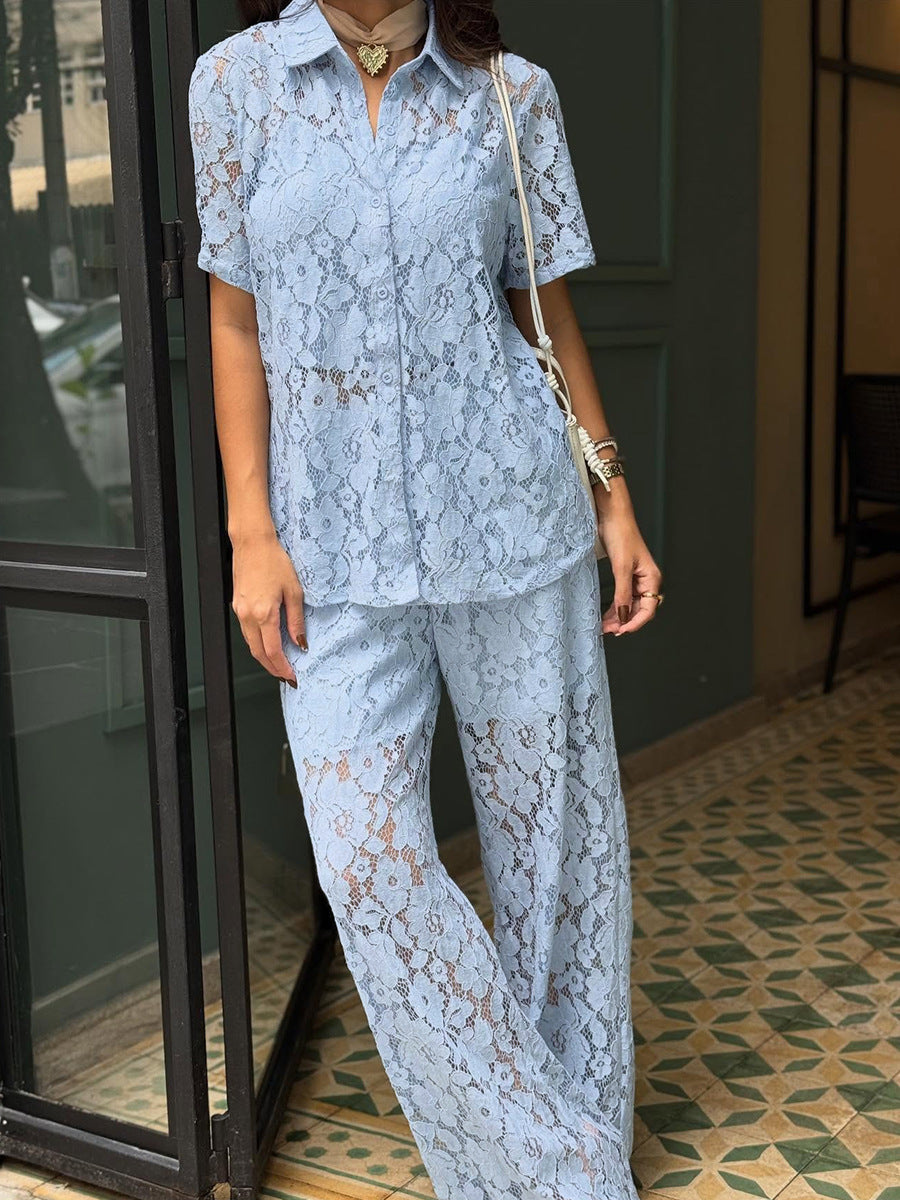 Lace Shirt Vest Long Pants Three Piece Set