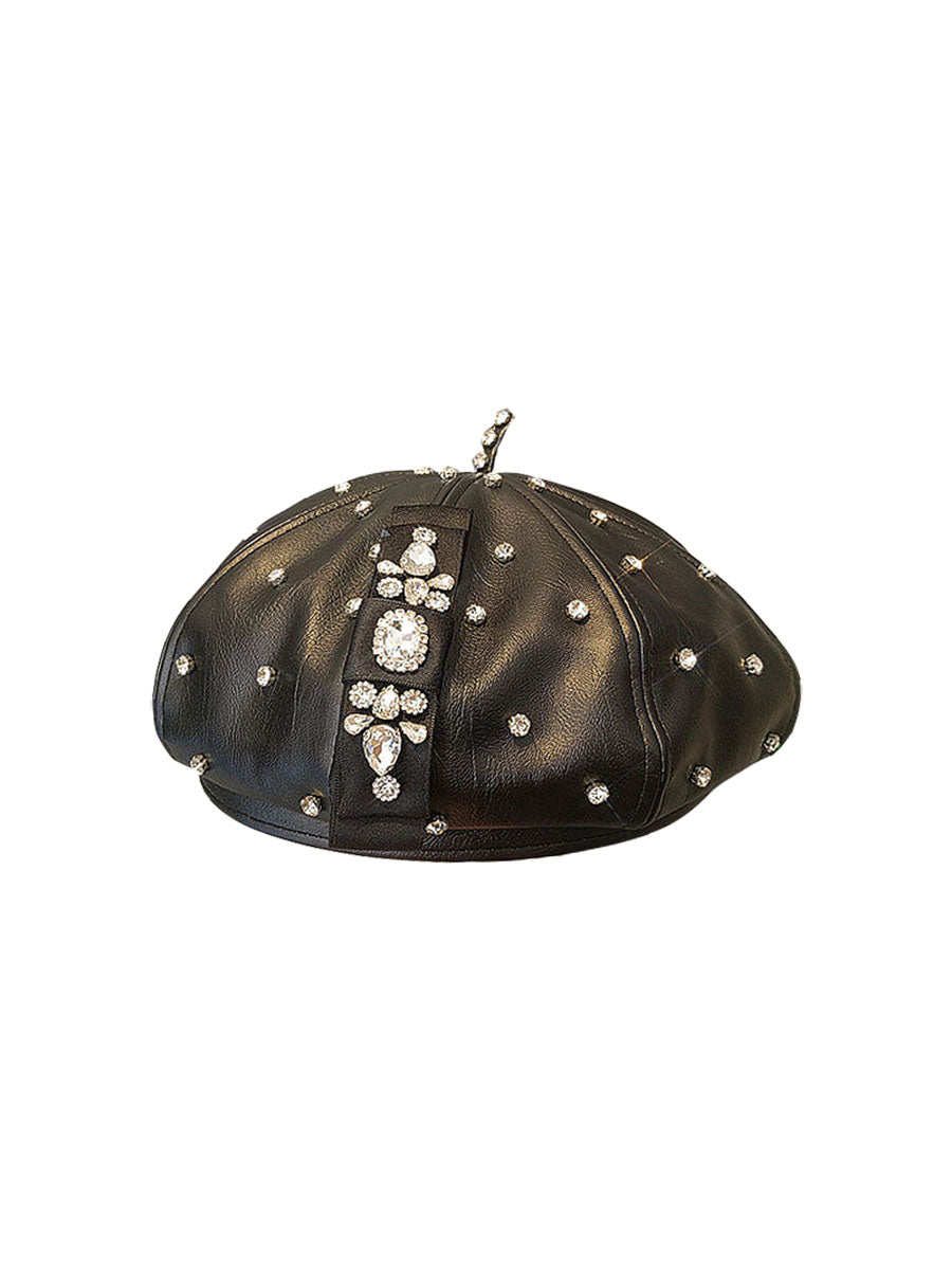 PU Leather Octagonal Hat Korean Style Rhinestone Bow Beret