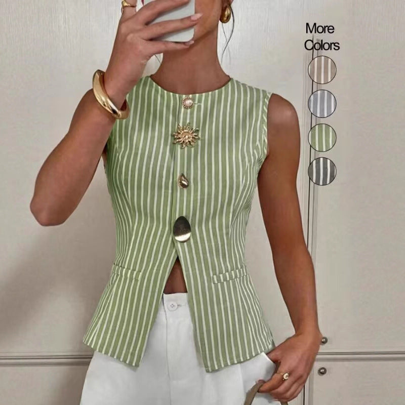 Striped Single-Breasted Vest Fashionable Round-Neck Irregular-Button Tank Top