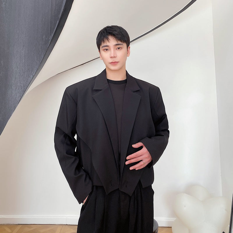 Men's Short Asymmetrical Cross-Collar Blazer With Patchwork Design