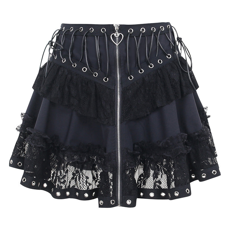 Fashion Casual Zipper Lace Stitching Lace Skirt