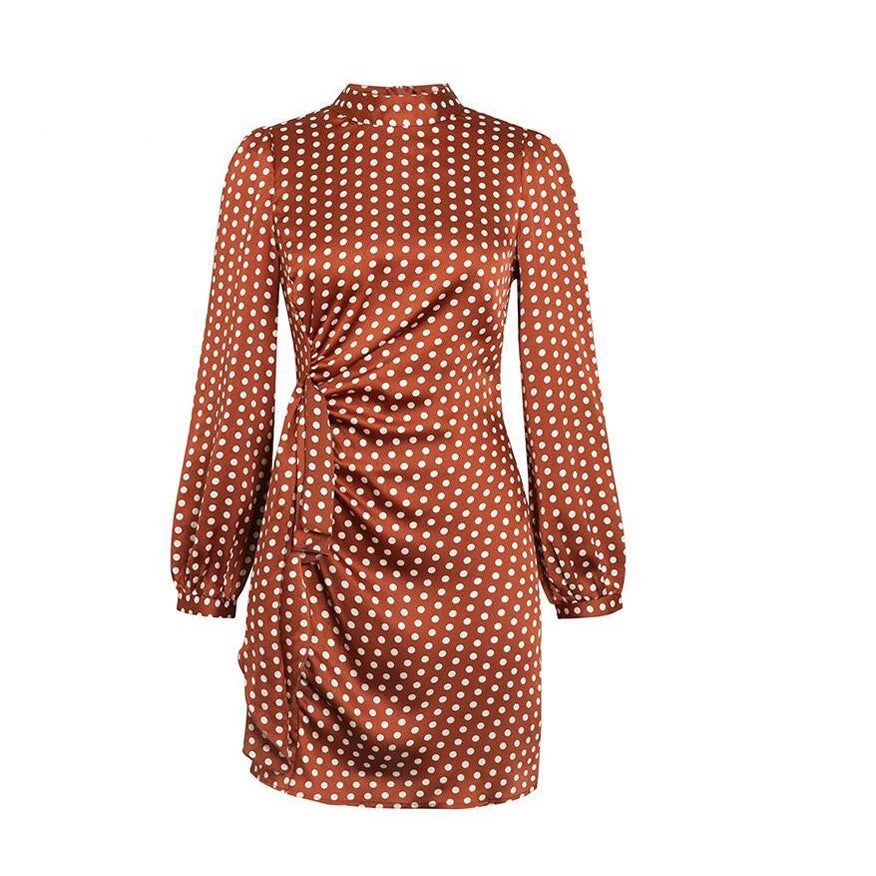 Polkaprikket langærmet figursyet elegant slim-fit kjole til kvinder