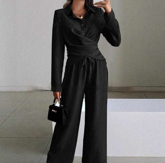 Women's Elegant Shirt Top And Wide-Leg Pants Two-Piece Set