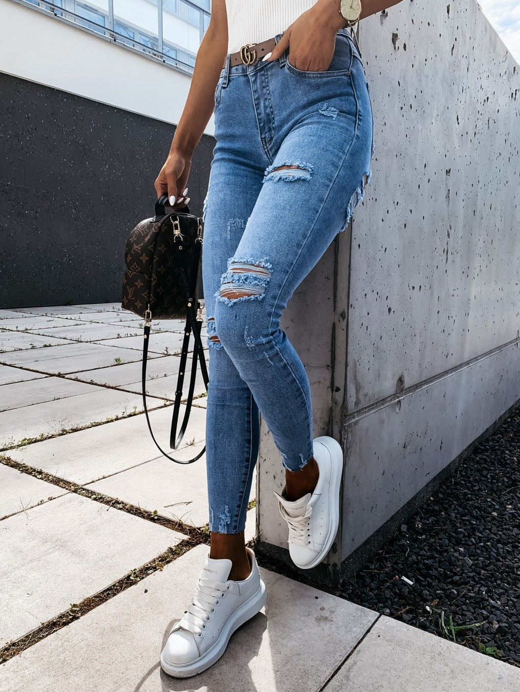 Holed Jeans, Low Waist Holed Hemmed Leggings