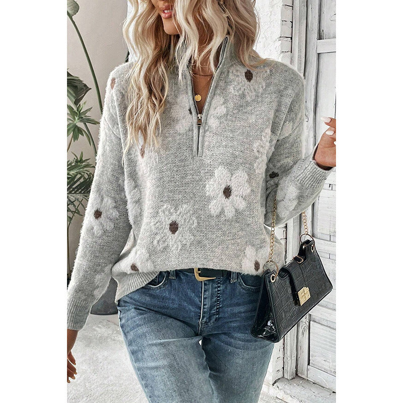 Women's Off-shoulder Sweater All-match Floral Printed Long-sleeved Top