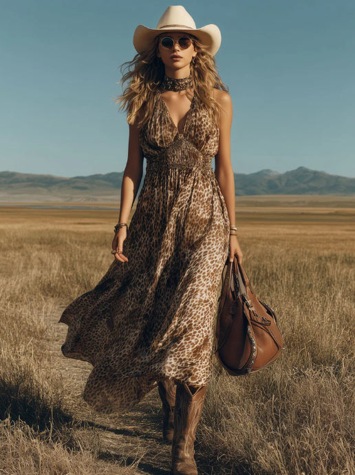 Western Retro Brown Leopard Print Chiffon Sleeveless Maxi Dress