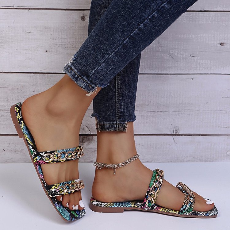 Metal Chain Buckle Snake Print Sandals And Slippers