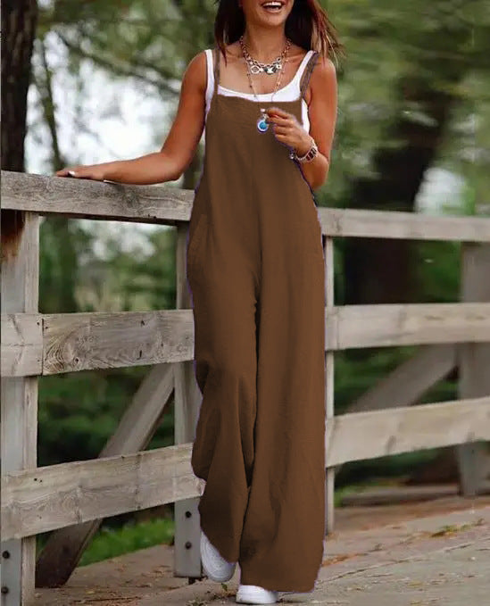 Fashion Casual Women's Pocket Cotton Linen Sleeveless Jumpsuit