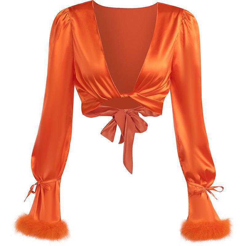 Graceful Satin Lace Up Short Midriff-baring Long Sleeve Top Sexy Casual