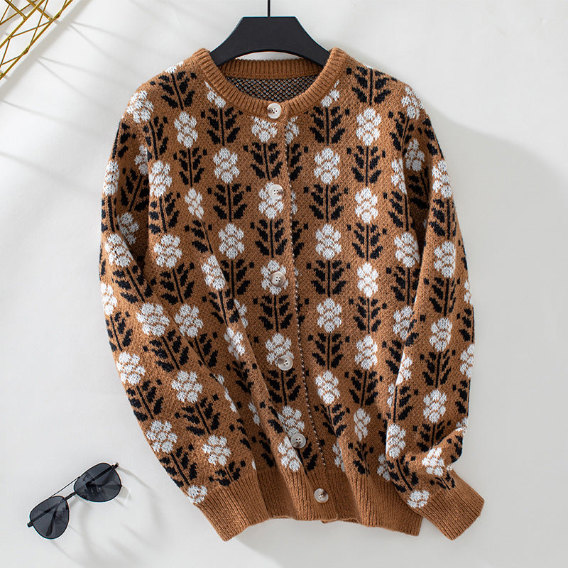 Lady's Flower Jacquard Sweater Cardigan Coat