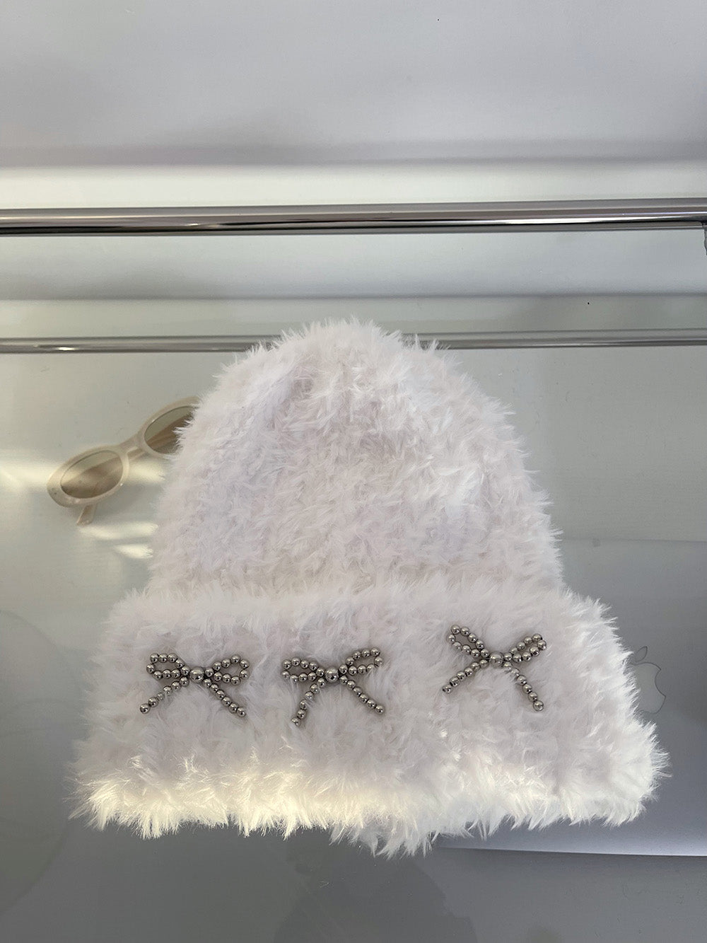 Autumn And Winter Thick Warm Soft Glutinous Knitted Bow Plush Bonnet For Women