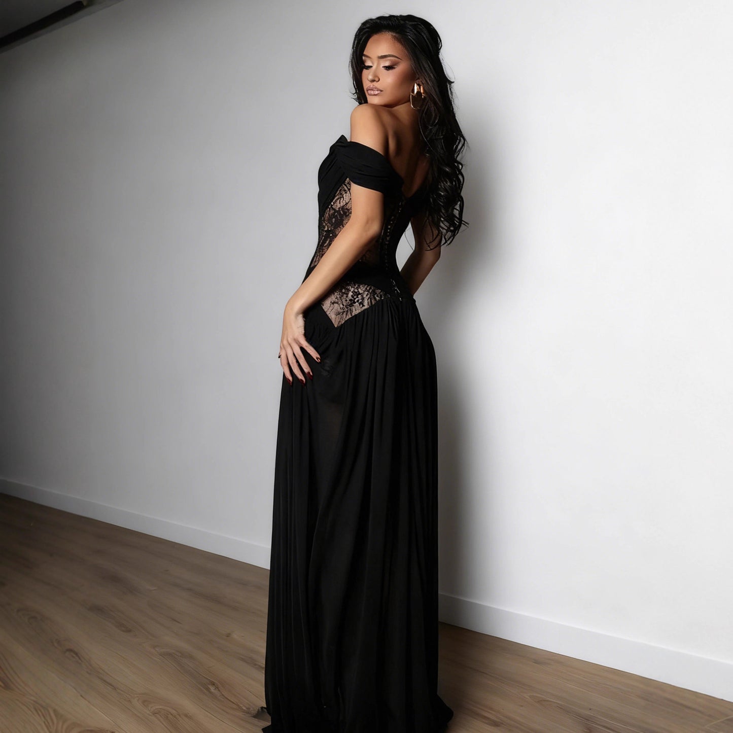 Black Off-the-shoulder Lace Hollow-out Maxi Dress