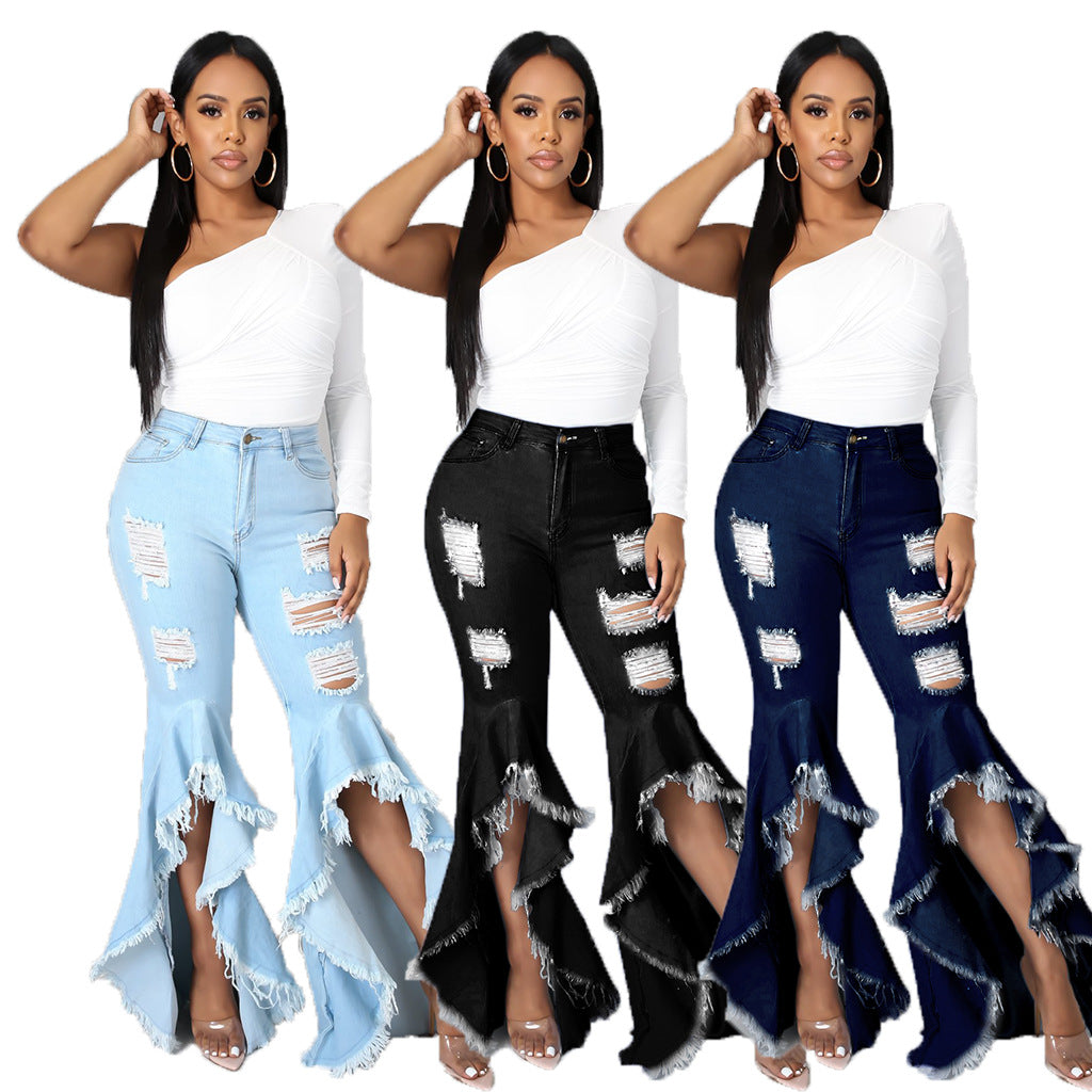 Fashion Stitching Ripped Washed Denim Stretch Slim Bell-bottom Pants