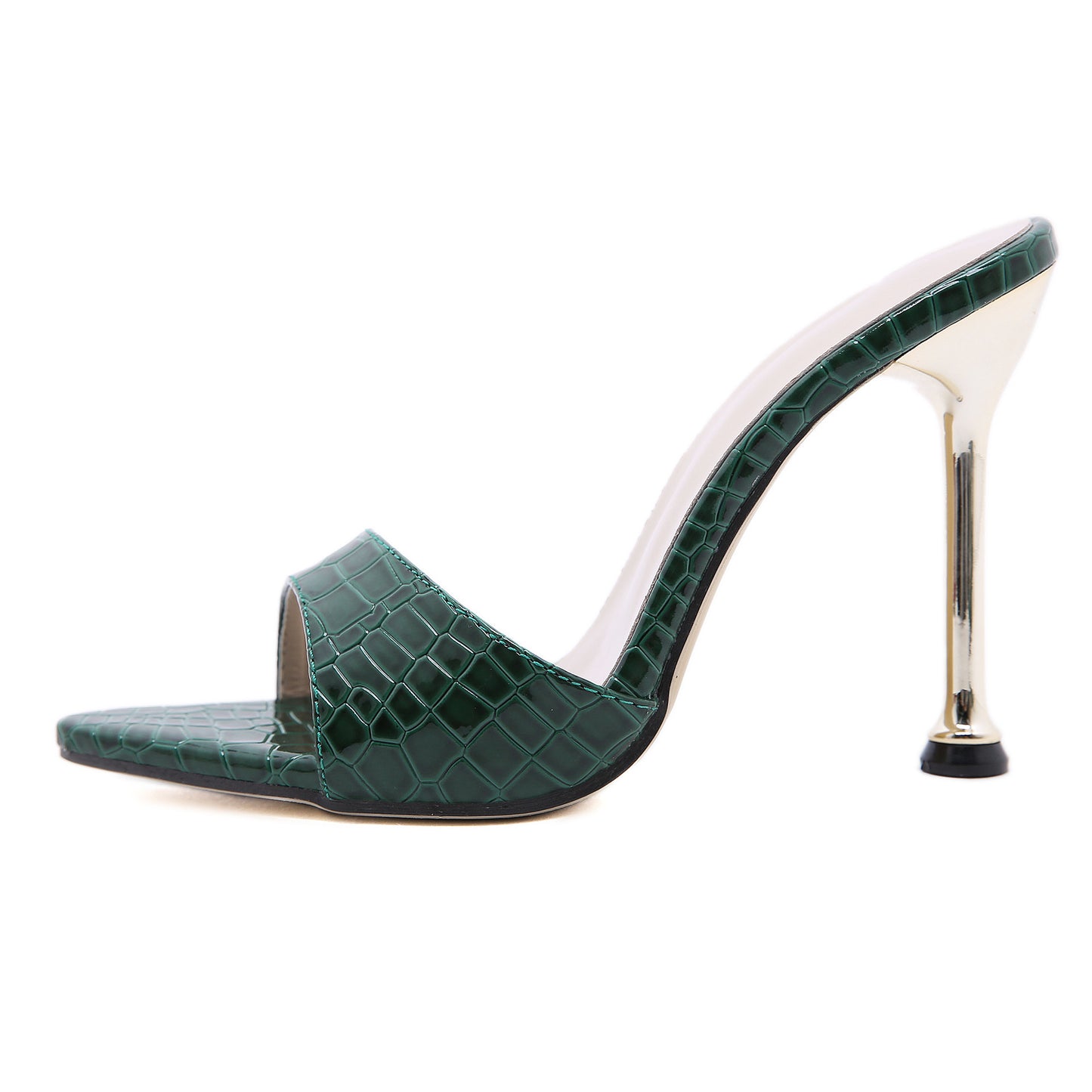 Super High Heel Metal Pointed Fish Mouth Snake Print Sandals