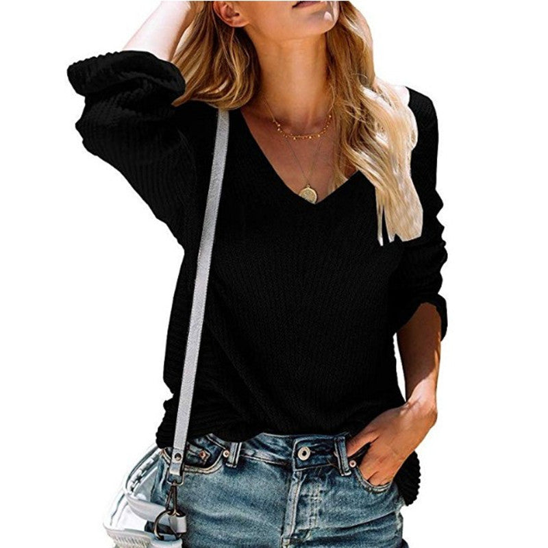 Women's V-neck Autumn And Winter New Long-sleeved Wool Top