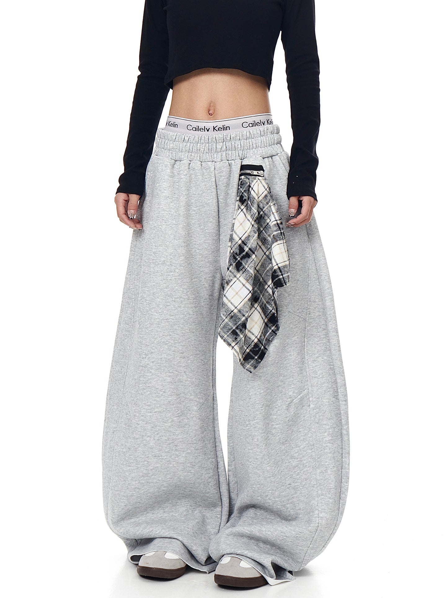 Retro Detachable Plaid Square Scarf Loose Wide-leg Pants