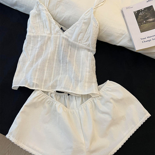 Home Simple Slim Fit White Suspender Pajamas For Women