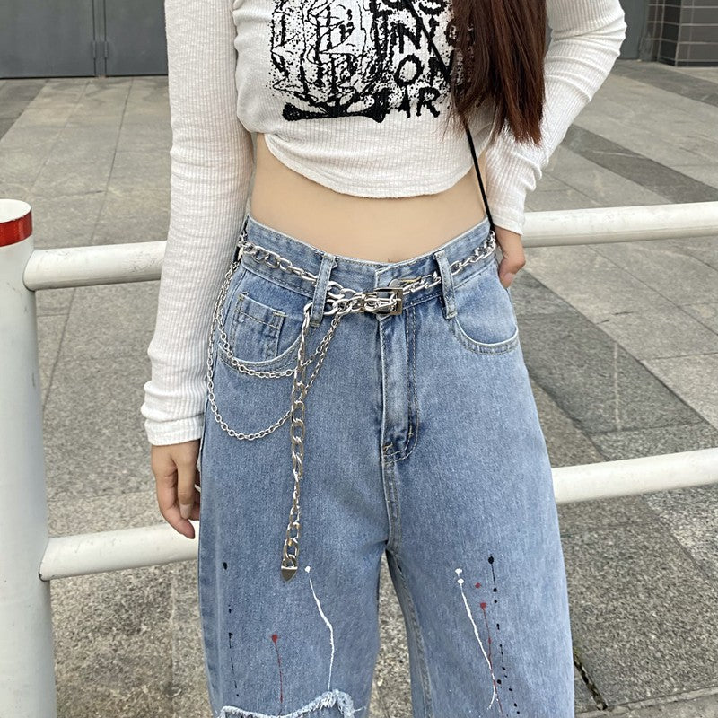 Design Børstet Hjerte Patch Straight Jeans