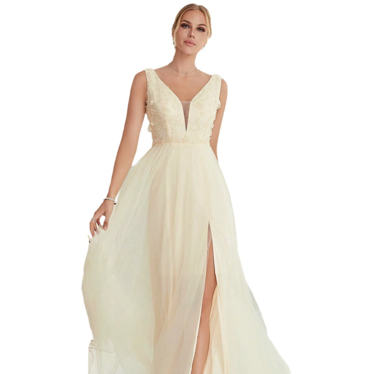V-neck Sleeveless Lace Wedding Dress