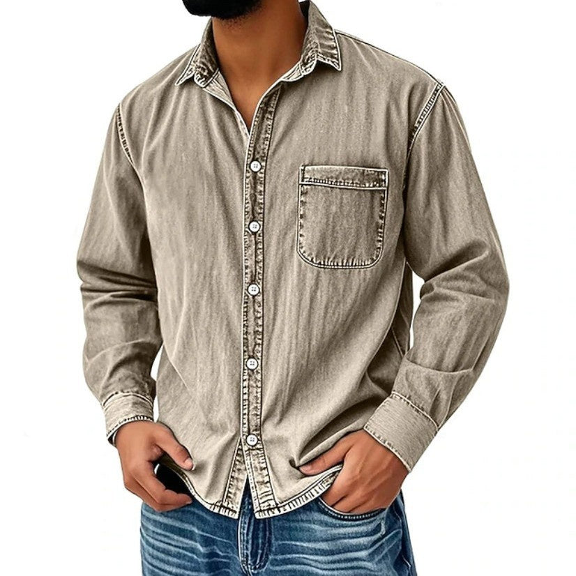 Mens Denim Long-sleeve Shirt Washed Long-sleeve Top